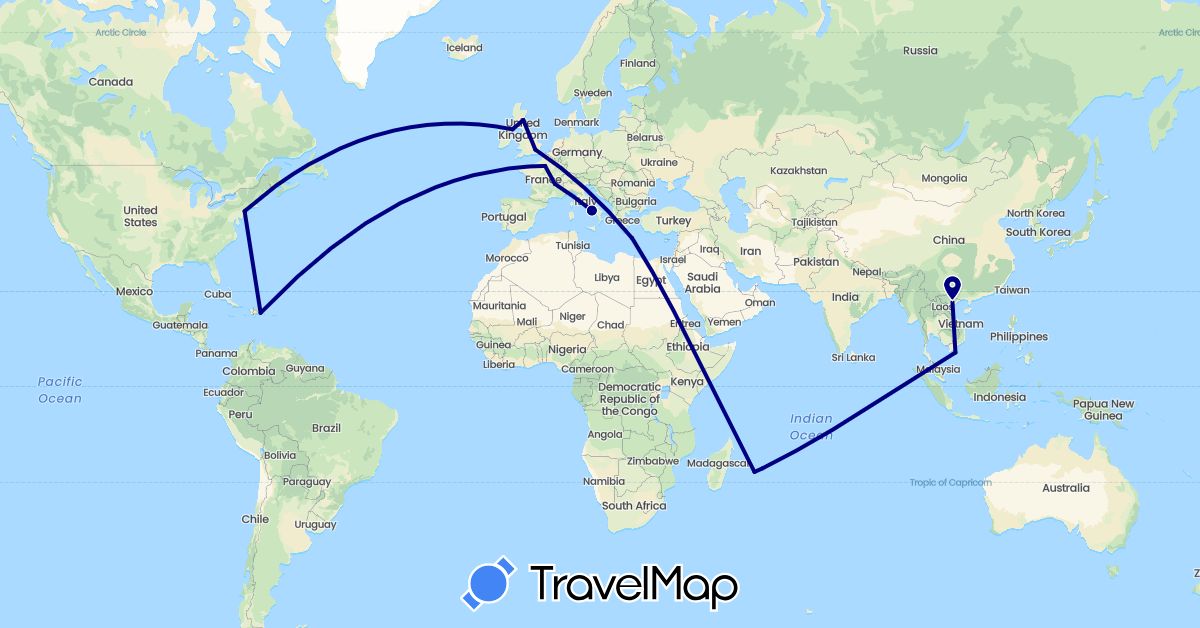 TravelMap itinerary: driving in Dominican Republic, France, United Kingdom, Greece, Italy, Mauritius, United States, Vietnam (Africa, Asia, Europe, North America)